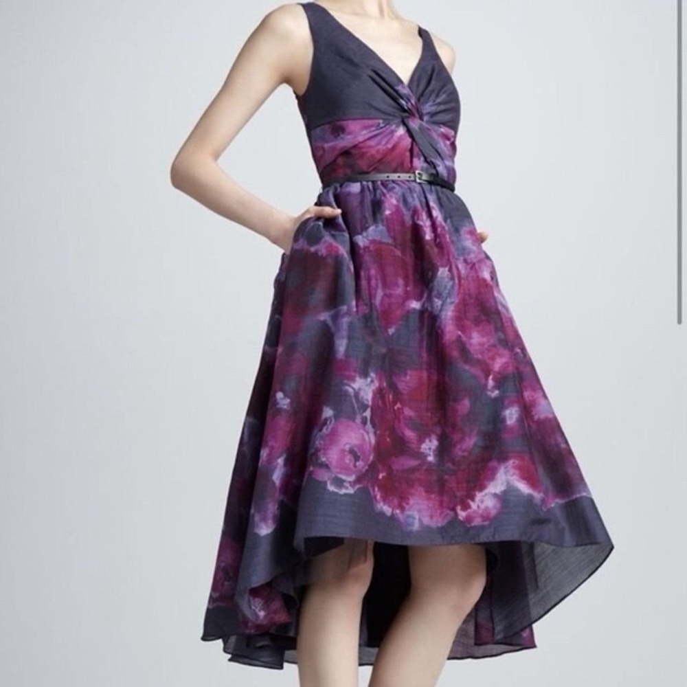 Lela Rose Dress Women 6 Purple Floral High Low V-Neck Neiman Marcus Target